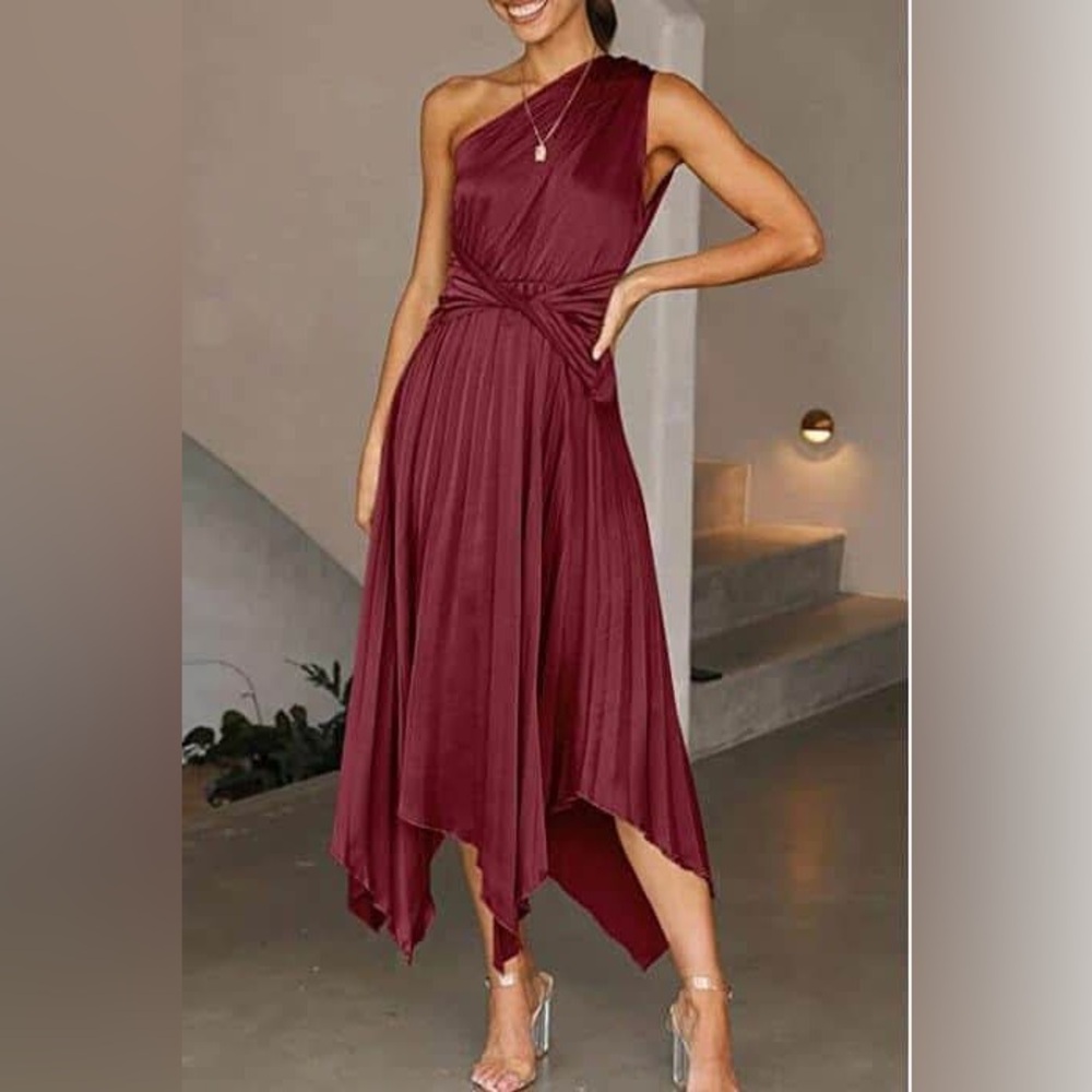 PRETTYGARDEN Satin Dress One Shoulder Sleeveless Ruched Twist Dress - Picture 1 of 11